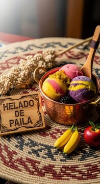 Traditional Ecuadorian Helado de Paila Sorbet in Copper Pot with Otavalo Pano Mat and Tagua Carving