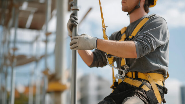 Focus on a worker utilizing a fall arrestor device with hooks while performing tasks on a tall scaffold, showcasing the equipment's functionality and necessity in maintaining safety protocols on