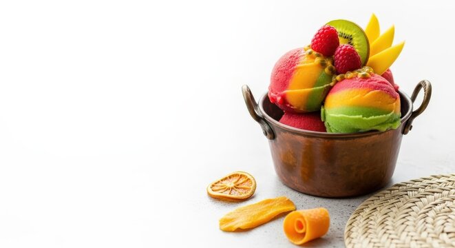 Traditional Ecuadorian Helado de Paila Fruit Sorbet in Copper Pot with Large Left Copy Space