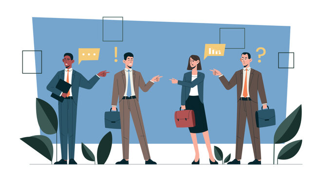 Businesspeople shifting blame. Men and women in business suits point fingers at each other. Bad team atmosphere, arguments, and conflict. Bullying and harassment, criticism. Flat vector illustration