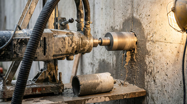 Concrete core drilling machine cutting hole in wall with water slurry construction engineering equipment for renovation installation and infrastructure work concept