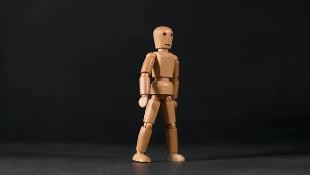 Stop motion 4K footage of wooden figure mannequin falling rotating studio on black background perfect title animations creative motion graphics conceptual 