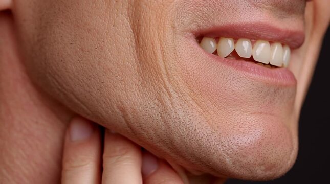 a human jaw with a subtle muscle twitch visible beneath the skin, capturing suppressed stress and tension through hyper-detailed realism and focused lighting.