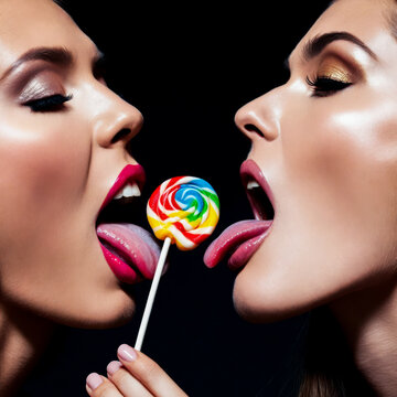 Close-up portrait of two fashion models with colorful eyeshadow and red lips sharing a candy. Creative beauty shot on a black background for party, sweets, and cosmetics themes