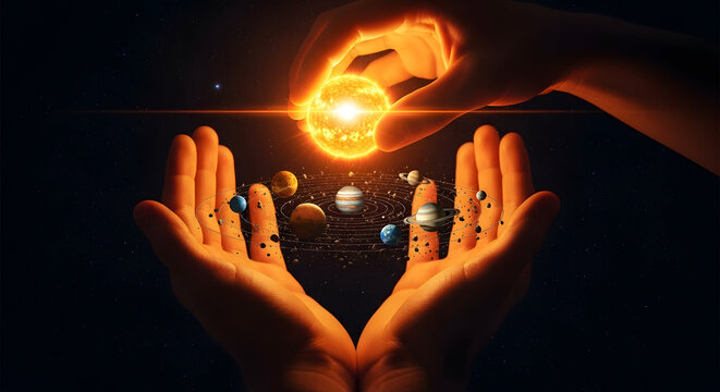 Image 1 (file: 220_F_1888290590_X0eKynxQrsg7CHY5M25ZsTbtmhA05vdV.jpg)
Title:
"Hands Cradling Miniature Planets and Bright Sun-Like Orb &mdash; Cosmic Palms with Solar Light Beams and Planetary Arrangement o