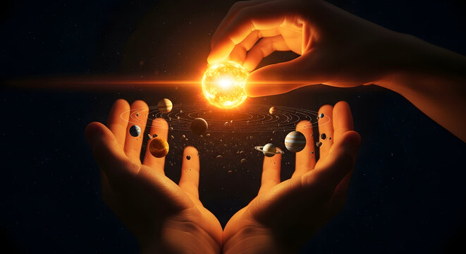 Image 1 (file: 220_F_1888290590_X0eKynxQrsg7CHY5M25ZsTbtmhA05vdV.jpg)
Title:
"Hands Cradling Miniature Planets and Bright Sun-Like Orb &mdash; Cosmic Palms with Solar Light Beams and Planetary Arrangement o