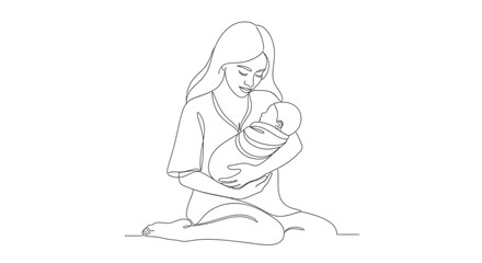 Obraz premium Nurturing mother sitting on the floor, gently holding her newborn baby wrapped in a blanket, in a continuous line art illustration on an isolated white background.