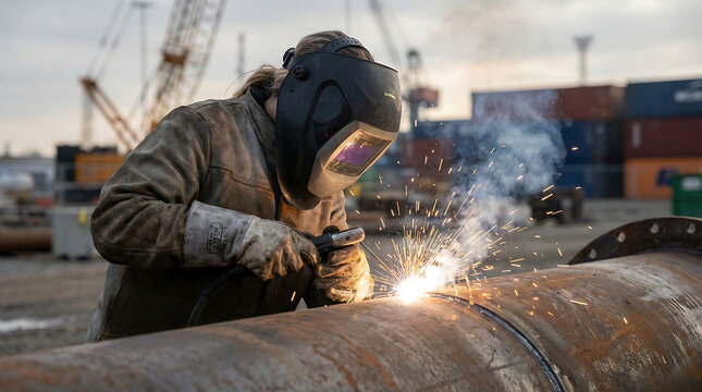 Female pipe welder welding large steel pipeline outdoors with sparks and smoke wearing protective helmet and gloves industrial construction fabrication work
