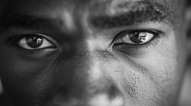 Eye-level shot of a subject staring directly into the camera with a neutral expression, frozen in intense stillness, creating a stark, confrontational portrait focused on presence and gaze.