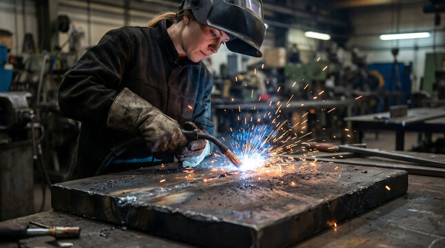 Female welder working in metal fabrication shop welding steel plate on workbench with bright sparks protective gloves and welding helmet manufacturing concept