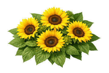 Obraz premium Group of bright yellow sunflowers creating a natural floral arrangement, showcasing summer beauty with green leaves, transparent background
