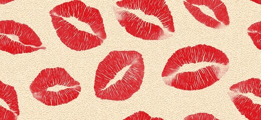 Red lipstick kiss marks seamless pattern on textured paper. Red lipstick kiss marks covering a cream textured paper surface, creating a playful pattern