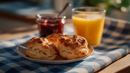 Bright morning light illuminates a delightful baked breakfast served on a vibrant gingham cloth, featuring homemade scones, jams, and fresh juice, ideal for a sunlit kitchen table setting.