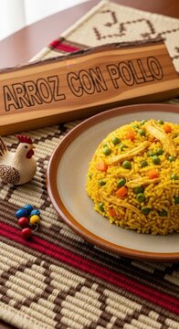Traditional Ecuadorian Arroz con Pollo with Hand-Carved Chilca Sign on Otavalo Pano Mat