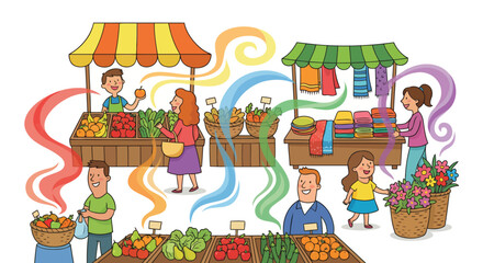 Naklejka premium A bustling market scene where scents are visualized as colored ribbons isolated
