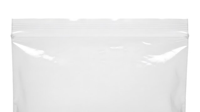 A close-up view of a blank, sealed, shiny white plastic pouch with a resealable zipper