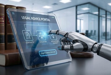 Robot hand interacting with legal advice portal on a digital screen. AI-driven legal automation