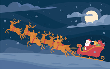 Naklejka premium Santa Claus flying in sleigh with reindeer over snowy landscape under moonlight on Christmas Eve