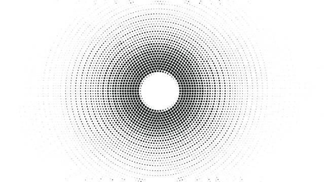 Abstract black square halftone circular background with geometric dotted gradient, modern minimal texture for technology themes, digital design, posters and branding