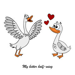 Cute hand drawn illustration of two loving geese created for Valentine’s Day © Oksana