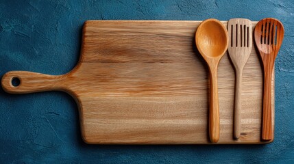 Wooden cutting board with cooking utensils on textured blue background.