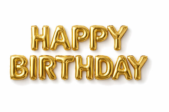 Golden metallic balloon letters spelling out Happy Birthday on a white background for festive celebration and party decoration concepts