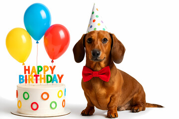Obraz premium Adorable dachshund dog wearing a party hat and red bow tie sitting next to a colorful birthday cake with balloons on a white background