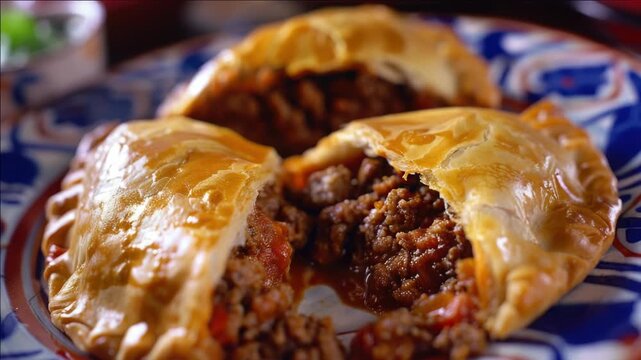 A close-up of a meat-filled pastry on a patterned plate, ready to be eaten.