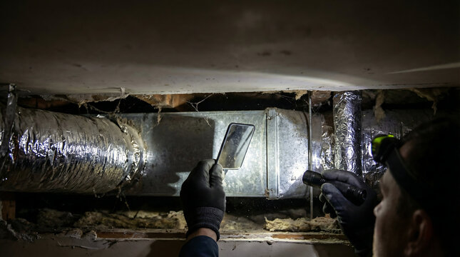 HVAC technician inspecting insulated air ductwork in dusty crawl space using flashlight and inspection mirror home ventilation maintenance and repair concept