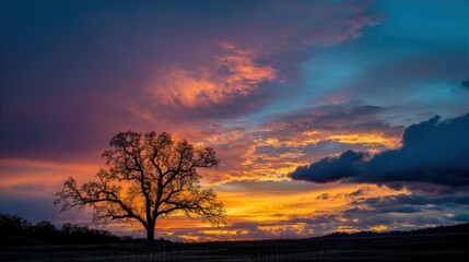 Naklejka premium Vibrant sunset sky with silhouetted tree against colorful cloudscape.
