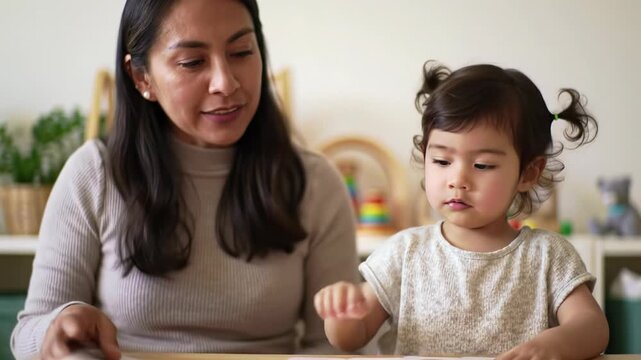 Nurturing adult in soft casual attire and young child in simple clothing at a light wooden table learn diverse facial expressions. Joyful emotional intelligence development concept