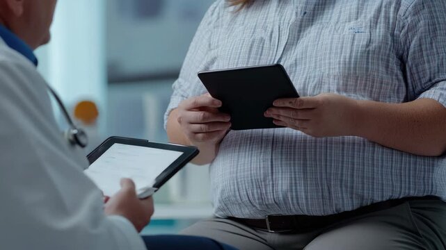 A doctor and a nurse working together in a hospital setting, sharing information on patient records using electronic devices such as tablets.