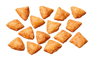 Golden crisp puff pastry triangular snacks, savory appetizer or party food with flaky texture, transparent background