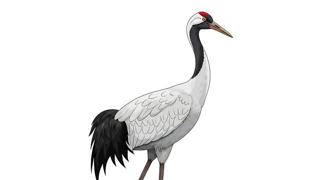 Gray crane bird with red head and black tail feathers isolated on a transparent background