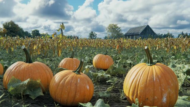 The shows an abundant harvest of pumpkins in a field, with some still on the vines and others piled up for collection. A barn is visible in the background.
