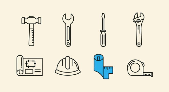 Set of construction tools illustrations on a light beige background