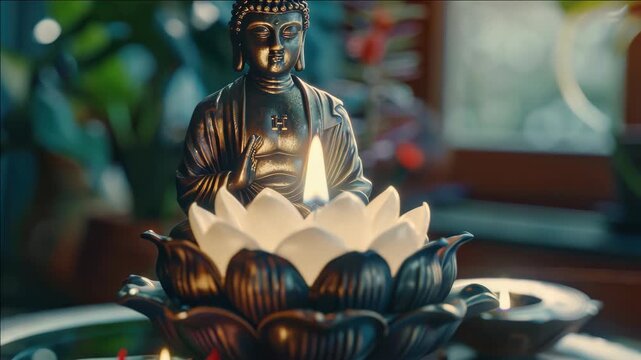 A traditional Buddha statue meditates amidst a serene setting with lit candles in a flower-shaped holder.