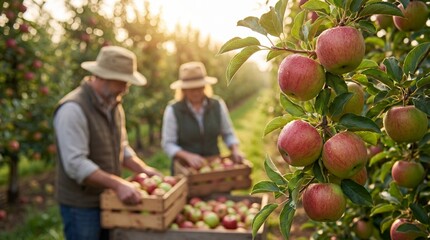 Farmers harvesting ripe apples in orchard during autumn harvest