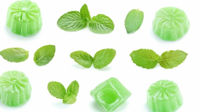 A collection of green mojito flavored candies topped with fresh mint leaves. Perfect for a party or as a unique candy option.