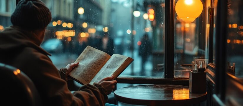 Man reading book by cafe window on rainy night