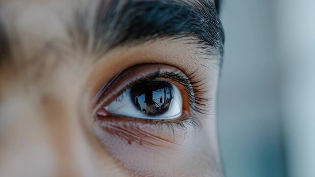 Close-up of a person's eye. Focused and sharp detail on the iris and pupil. A human eye looking directly at the camera.