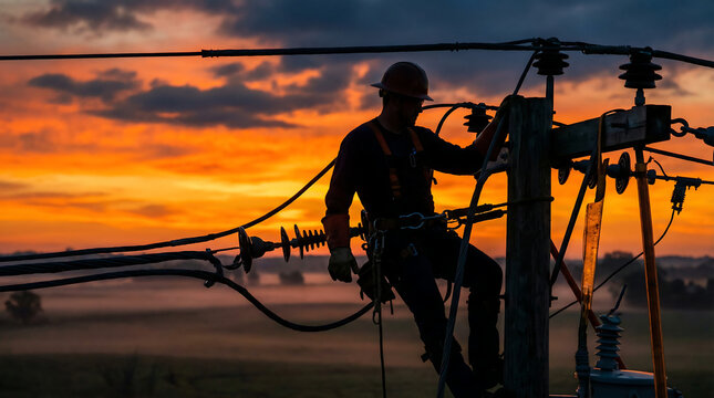 Utility lineman working on power pole and electrical transmission lines at dramatic sunset wearing safety harness grid maintenance and energy infrastructure