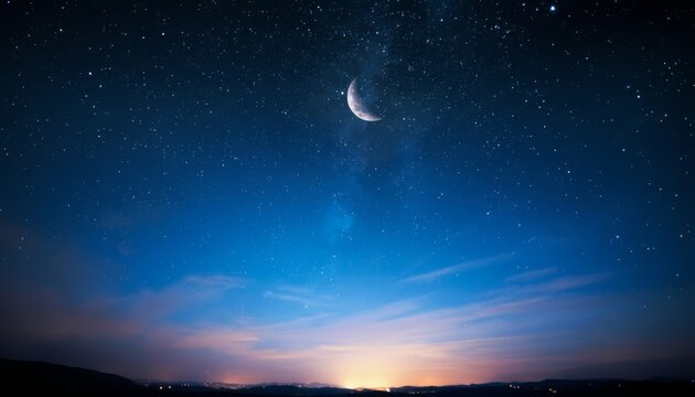 Ramadan Islamic Night Sky with Crescent Hilal Moon and Soft Clouds