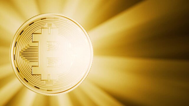 Cryptocurrency against a background of a winner. Cryptocurrency earnings concept. Bitcoin coin against a dark background with confetti.