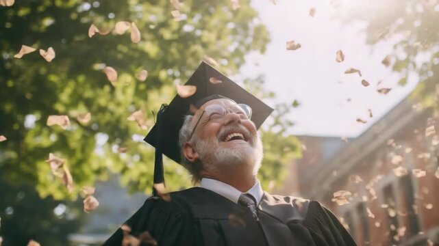 Man in graduation cap and gown laughing, with confetti falling around him.