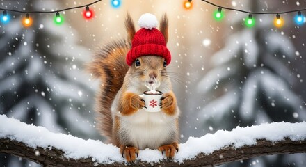 Adorable squirrel in a knit hat, holding a mug with steam in a snowy winter scene