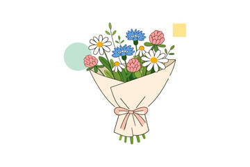 Elegant floral bouquet with daisies and blue cornflowers wrapped in paper