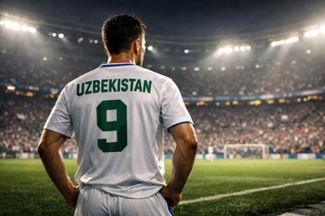 Fototapeta premium Uzbek Male Football Player in White Jersey Under Stadium Lights