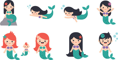 Cute Cartoon Mermaid Character Set with Different Hairstyles and Poses in Flat Vector Style © Nurjjaman