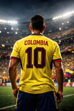 Colombian Soccer Player Number Ten Facing World Cup Crowd